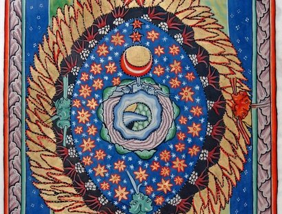 Miniatur »Das Weltenei« aus Rupertsberger Scivias-Kodex der Hildegard von Bingen, um 1175