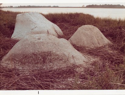 Farbfotografie von drei Betonlandschaftsskulpturen in einer Graslandschaft, dahinter ein Gewässer