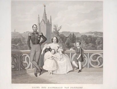 C. A. Schwerdgeburth nach Theodor Hosemann: Prinz Wilhelm und Augusta mit ihren Kindern auf der Terrasse vor Schloss Babelsberg, Stahlstich