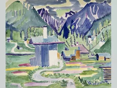 Ernst Ludwig Kirchner: Häuser in Islen, mit Blick auf die Kirche in Frauenkirch, 1926