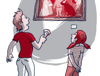 Illustration: Taschenlampenführung durch das Schlossmuseum Oranienburg: Ein Junge und ein Mädchen stehen vor einem Gemälde und leuchten es mit einer Taschenlampe an