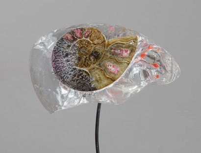 Nahaufnahme einer schneckenförmig geprägten Form aus durchlässigem Kunstharz und anderen Materialien.