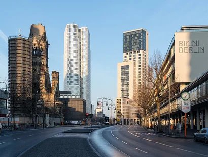 Skyline City-West mit Gedächtniskirche, Waldorf Astoria, Upper West Tower, Bikini Berlin