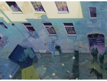 Herbstabend, 2024 Öl und Collage (Mylar) auf Linoleum /  oil and collage (Mylar) on linoleum 277 x 540 cm