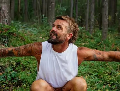 Xavier Rudd in einem Wald hockend