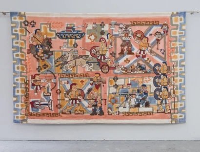 Lillian Morrissey, Achilles Drags Hectors Body Across the Battlefield, 2023 Stickerei und Mixed Media auf Panama-Baumwolle