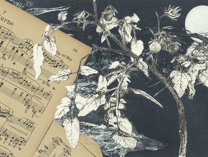 Nocturne, 2019, Radierung, Vernis mou, Aquatinta, Collage, 20 x 36 cm