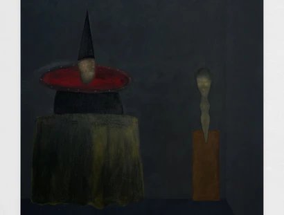 Pol Taburet A man, a wolf trap and a stone in a room, 2025