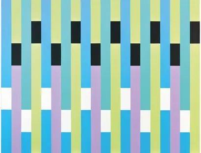 horst bartnig, 30 unterbrechungen in weiß und schwarz, streifen in 4 farben ( blau und grün, violett und gelbgrün), 2004, Acryl auf leinwand, 160 x 160 cm,