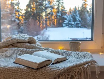 Ein aufgeschlagenes Buch am Fenster liegend vor winterlicher Kulisse