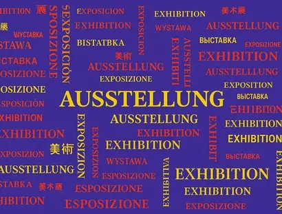 Schriftzug "Ausstellung" in verschiedenen Sprachen