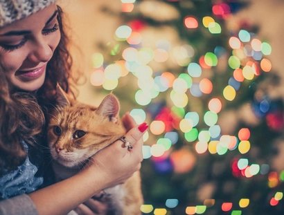 Frau mit Katze vorm Weihnachtsbaum