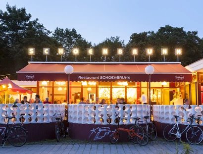 Beer garden Schoenbrunn in Friedrichshain at Summer time