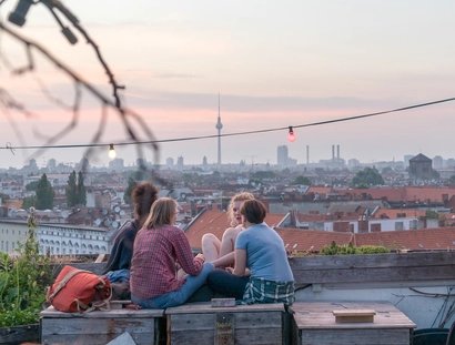 The roof terrace Klunkerkranich with a view over Berlin-Neukööln
