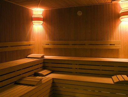 Vacant benches of wooden sauna, Turkey, Istanbul, Beykoz