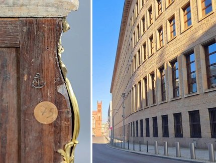 Rückseite einer französischen Kommode aus dem Bestand der Reichsbank | Der Reichsbank-Erweiterungsbau in der Kurstraße, Berlin-Mitte (Collage)