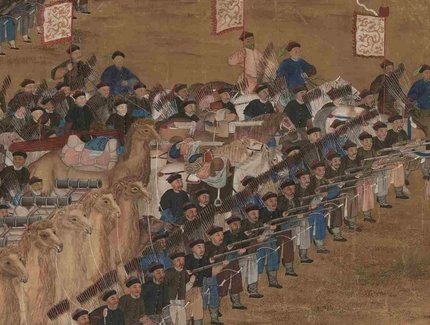 Unbekannte chinesische und europäische Hofmaler, Die Schlacht von Qurman (Fragment), Detail, Qing-Dynastie (1644 – 1911), Qianlong Ära (1736 – 1795), 1760, Hängerolle