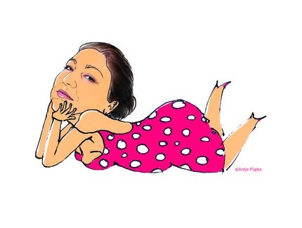 Zeichnung einer liegenden Frau in rotem Kleid