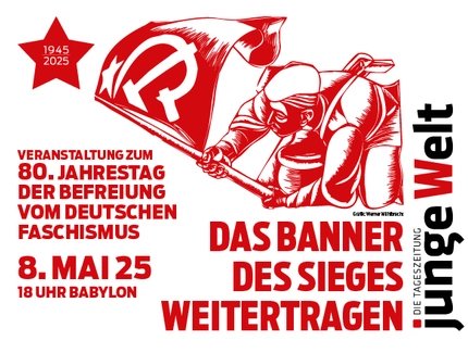 Grafik zur Veranstaltung zum 80. Jahrestag der Befreiung vom Faschismus mit einem Holzschnitt von Werner Mühlbrecht