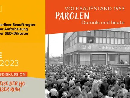Menschenansammlung vor dem später in Brand gesteckten Kolumbushaus mit Sitz der DDR-Handelsorganisation (HO) am Potsdamer Platz, 17. Juni 1953.