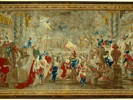 Tapisserie „Theatervorstellung mit Dolchtanz“, Brüssel um 1700. Geschenk Ludwig XIV. an Friedrich I.