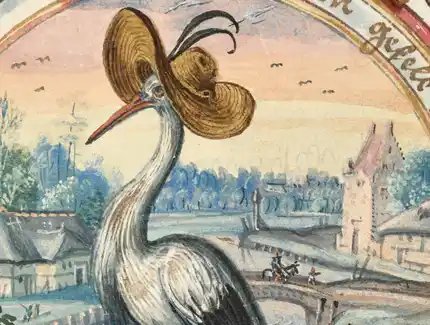 Allegorie: Storch mit Strohhut (vorläufiger Titel), Detail, Stammbuch des Michael Löchel von Nürnberg, 1587 – 1616