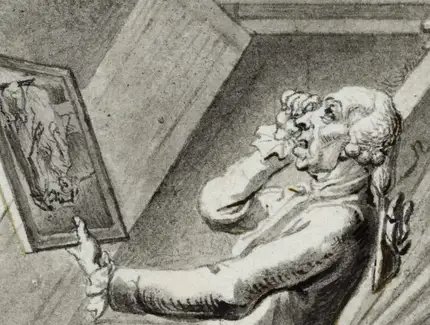 Daniel Chodowiecki, Der Kunstrichter, Detail, aus: Zeichnungen für den Physiognomischen Almanach, 1791/92, Pinsel und Feder in Grau, Schwarz und Braun
