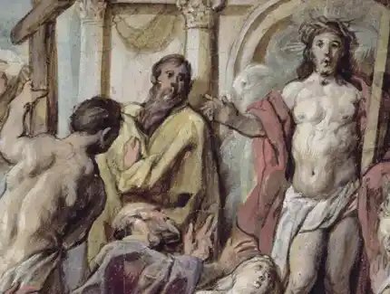 Jacob Jordaens, Christus und die reuigen Sünder, Detail, um 1630, schwarze Kreide, Pinsel in Braun und Deckfarben