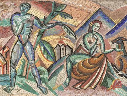 Cesar Klein / Vereinigte Werkstätten für Mosaik und Glasmalerei Puhl & Wagner, Gottfried Heinersdorff Akte in einer Landschaft, 1914 Glasmosaik auf Holz, in Stahlrahmen 81 x 134 cm Sammlung Esche