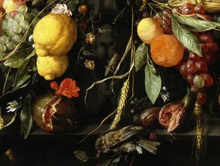 Jan Davidsz de Heem, Früchte- und Blumenkartusche mit Weinglas (Detail), 1651