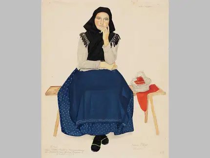 Erna Piffl (1904–1987), Strickende Donauschwäbin von der Kékespuszta bei Harta/Hartau (Ungarn), Aquarell