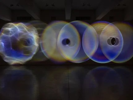 Olafur Eliasson, Your psychoacoustic light ensemble, 2024 Spotlight, glass lens, mirror foil, tripod, transducer, embedded computer system Installation view: Your psychoacoustic light ensemble, Tanya Bonakdar Gallery, New York, 2024