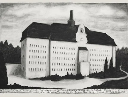 Herbert Nauderer, Das Haus des Erfinders, 2021, Kohle auf Papier 