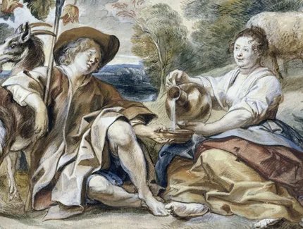 Jacob Jordaens, Schäferpaar (Detail), um 1640, Schwarze Kreide, Aquarell- und Deckfarben