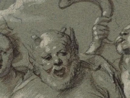Jacob Jordaens, Flora, Silenus und Zephyr (Detail), 1639, schwarze Kreide, Pinsel in Braun, Rötel, mit Deckweiß gehöht, auf grünlichem Papier