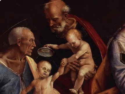 Luca Signorelli, Heilige Familie mit Zacharias, Elisabeth und dem kleinen Johannes (Detail), 1508