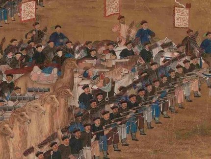 Unbekannte chinesische und europäische Hofmaler, Die Schlacht von Qurman (Fragment), Detail, Qing-Dynastie (1644 – 1911), Qianlong Ära (1736 – 1795), 1760, Hängerolle