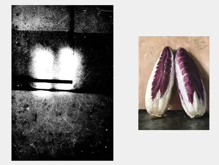 Kai Bornhöft, ten, 2019, Barytpapier / Frank Tornow, Zwei rote Chicorée, 2025, Öl auf Holz