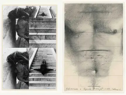László Lakner, Ich nehme die Form der Treppe an, 1971, zweiteilig, Kohle auf Papier und Schwarz-Weiß-Fotografie