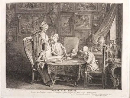 „Cabinet d´un peintre“ (Kabinett eines Malers), Radierung von Daniel Chodowiecki, 
Berlin, 1772 (von links nach rechts: Jeanne Barez, Jeanette, Susanne und Henriette Chodowiecka, Isaac Heinrich, Wilhelm und Daniel Chodowiecki)
