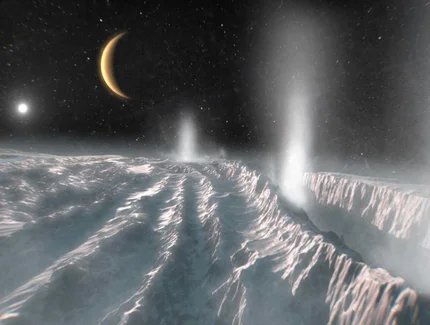 Künstlerische Darstellung von Cryovulkanismus auf Enceladus