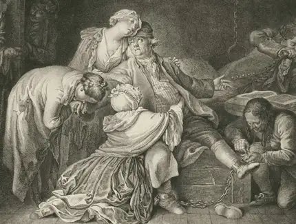 Daniel Chodowiecki, Der Abschied des Jean Calas von seiner Familie, Detail, 1768, Radierung, Abzug von der zweiten Platte