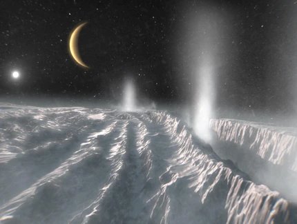 Künstlerische Darstellung von Cryovulkanismus auf Enceladus
