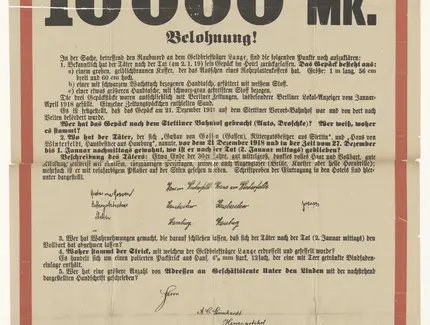 Historisches Fahndungsplakat zur Aufklärung eines Raubmordes am Geldbriefträger Lange aus dem Jahr 1919