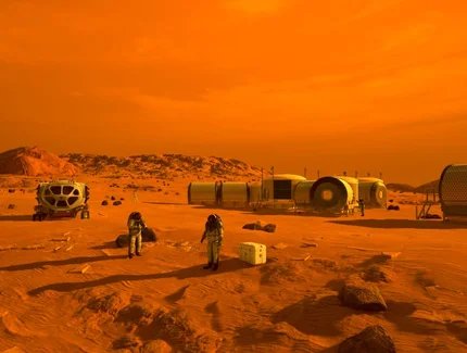 Erste Menschen auf dem Mars (2019). Künstlerische Darstellung der ersten menschlichen Forschenden auf der Marsoberfläche