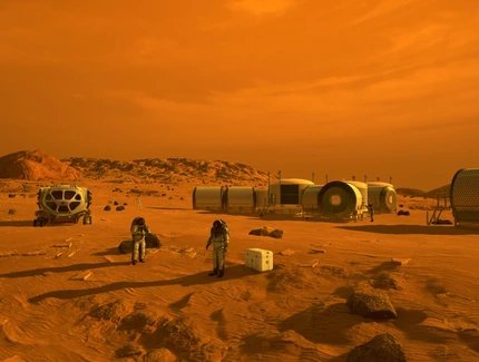 Erste Menschen auf dem Mars (2019). Künstlerische Darstellung der ersten menschlichen Forschenden auf der Marsoberfläche