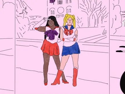 Comic-Panel mit drei Bildern, das einen Mann, zwei Frauen und einen mumienartigen Mann in einem Rollstuhl zeigt