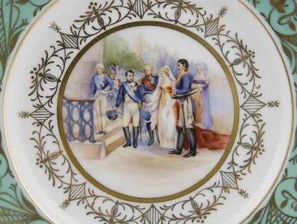 Königliche Porzellanmanufaktur Berlin: Teller mit der Darstellung der Begegnung von Luise und Napoleon, Detail, um 1840 © SPSG / Franca Wohlt