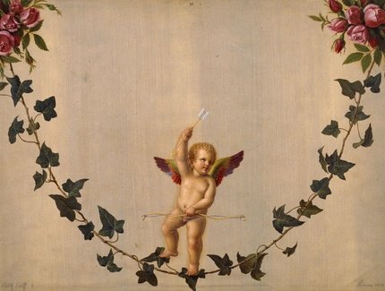 Adolf Senff: Amor auf einer zwischen Rosenbouquets hängenden Efeuranke, 1823