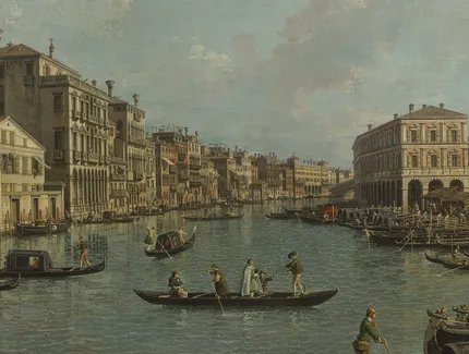 Giovanni Antonio Canal, Der Canal Grande mit Blick in südöstlicher Richtung auf die Rialtobrücke (Detail), 1758/62